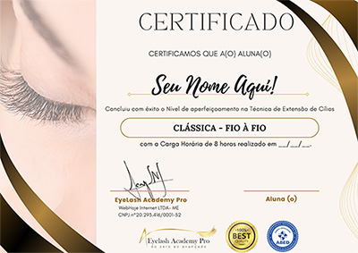 Modelo de certificado do curso Eyelash Academy Pro